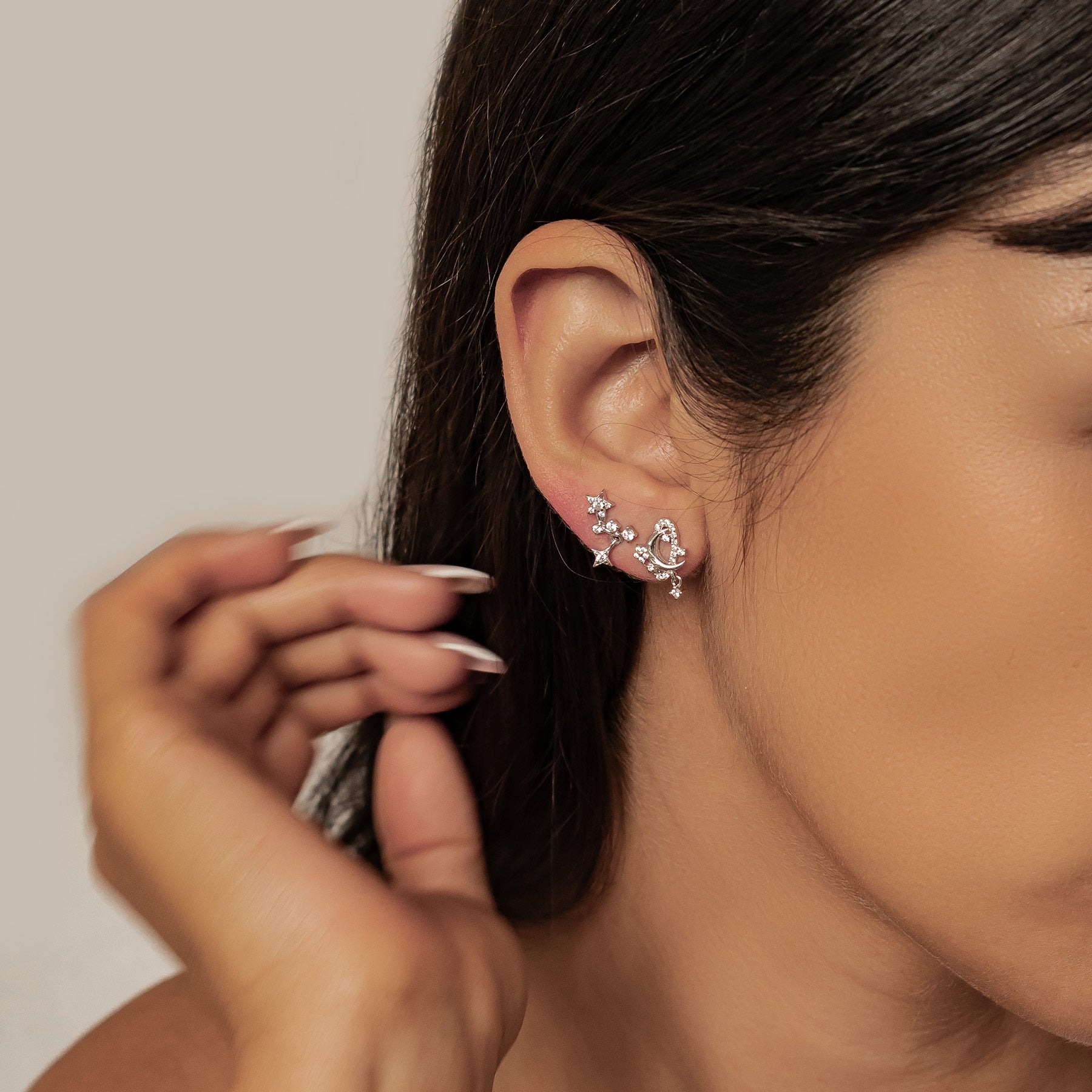 Sparkling Moon & Star Earring Set Sterling Silver